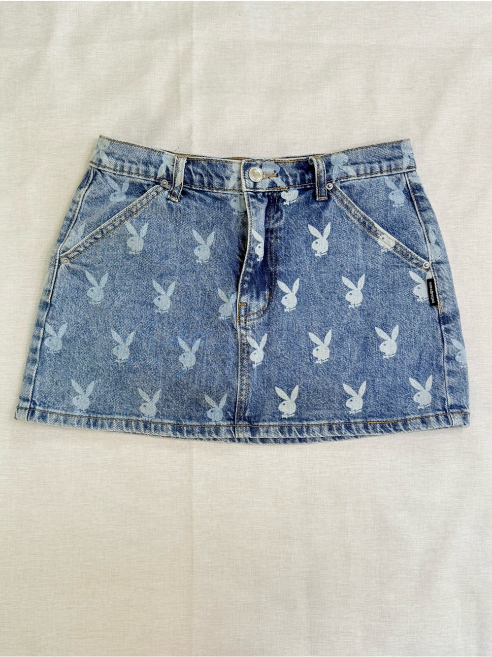 Playboy x Missguided Blue Bunny Print Denim Mini Skirt Size S